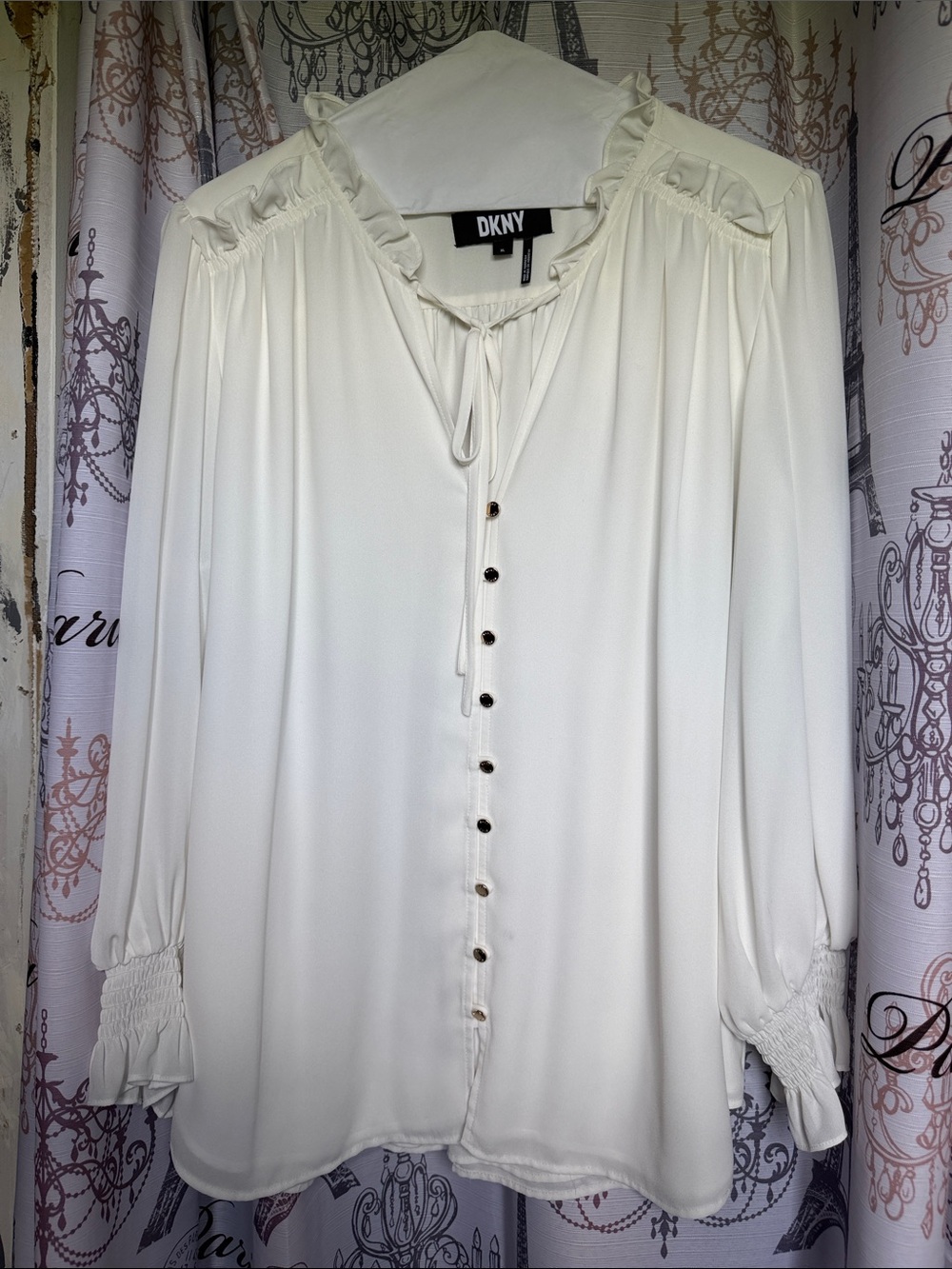 DKNY Cream Ruffle-Tie Button-Front Blouse